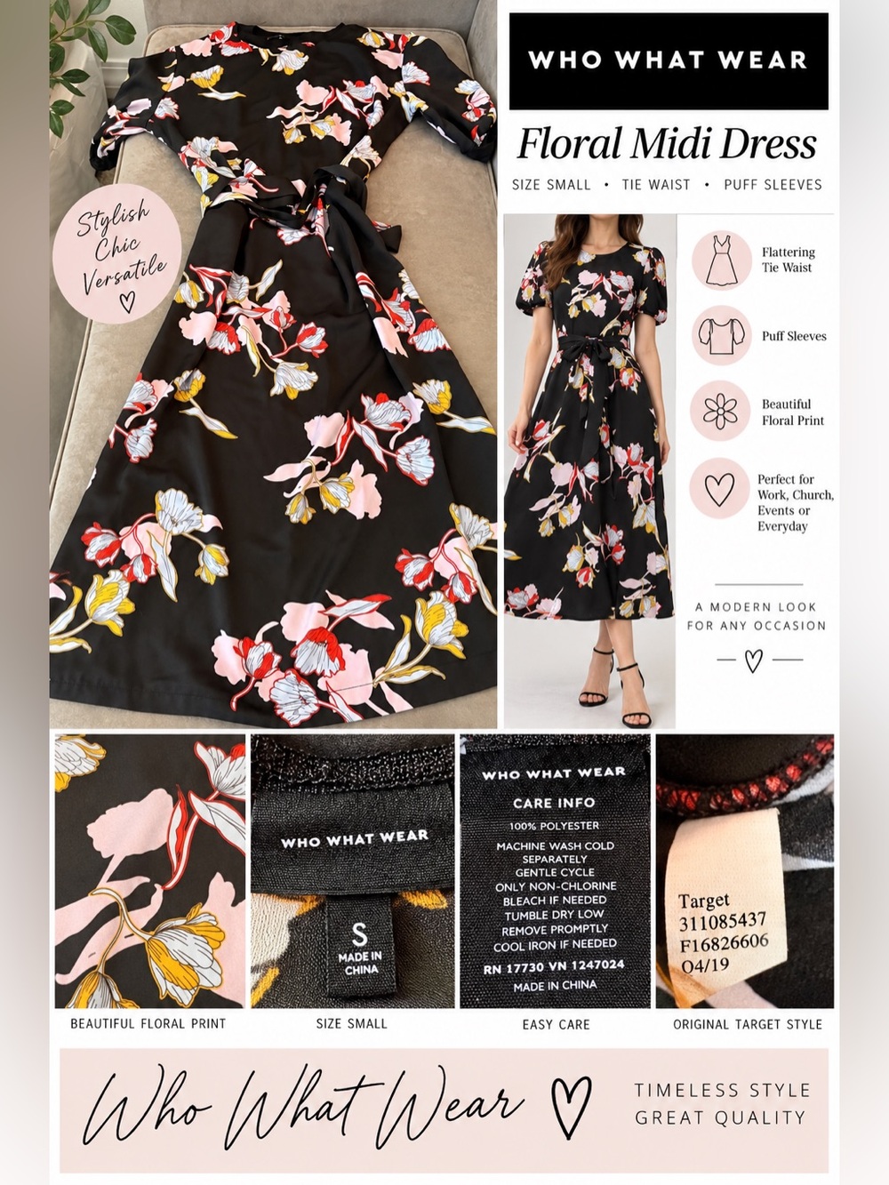 Who What Wear Black Floral Midi Dress with Pink & Yellow Blooms
